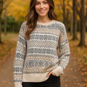CLAIBORNE | Cream & Brown Patterned Crewneck Sweater – Women’s Medium